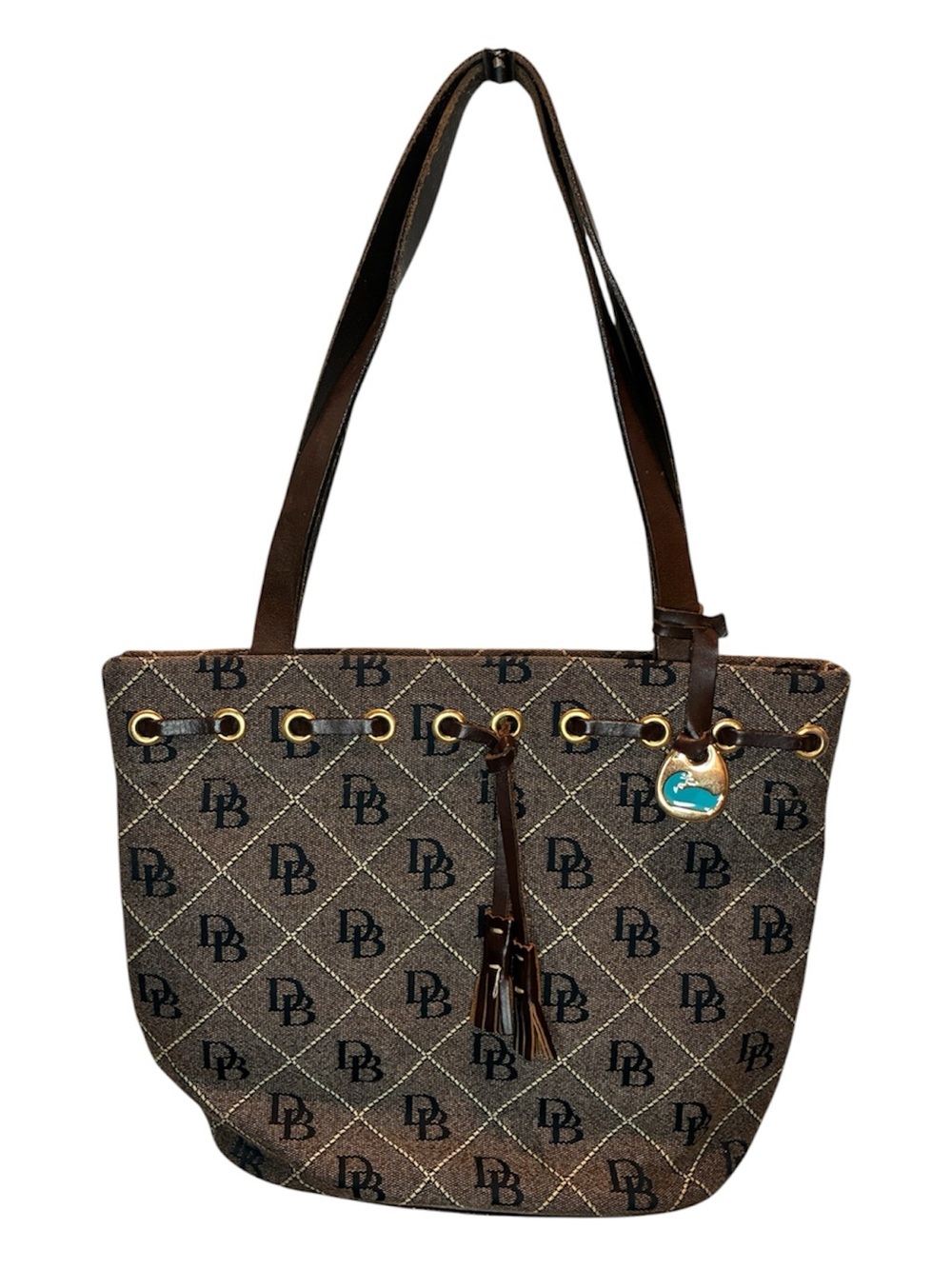 Dooney and Bourke Women’s Brown Signature Monogram Tassel Canvas Bucket Y2K - Picture 2 of 5